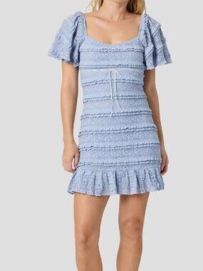 All in Favor Blue Ruched Flutter Sleeve Dress